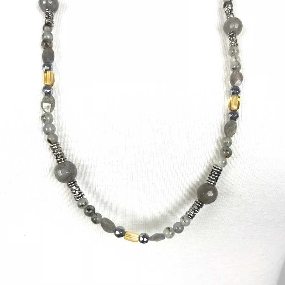 Handmade gray stone and glass bead necklace